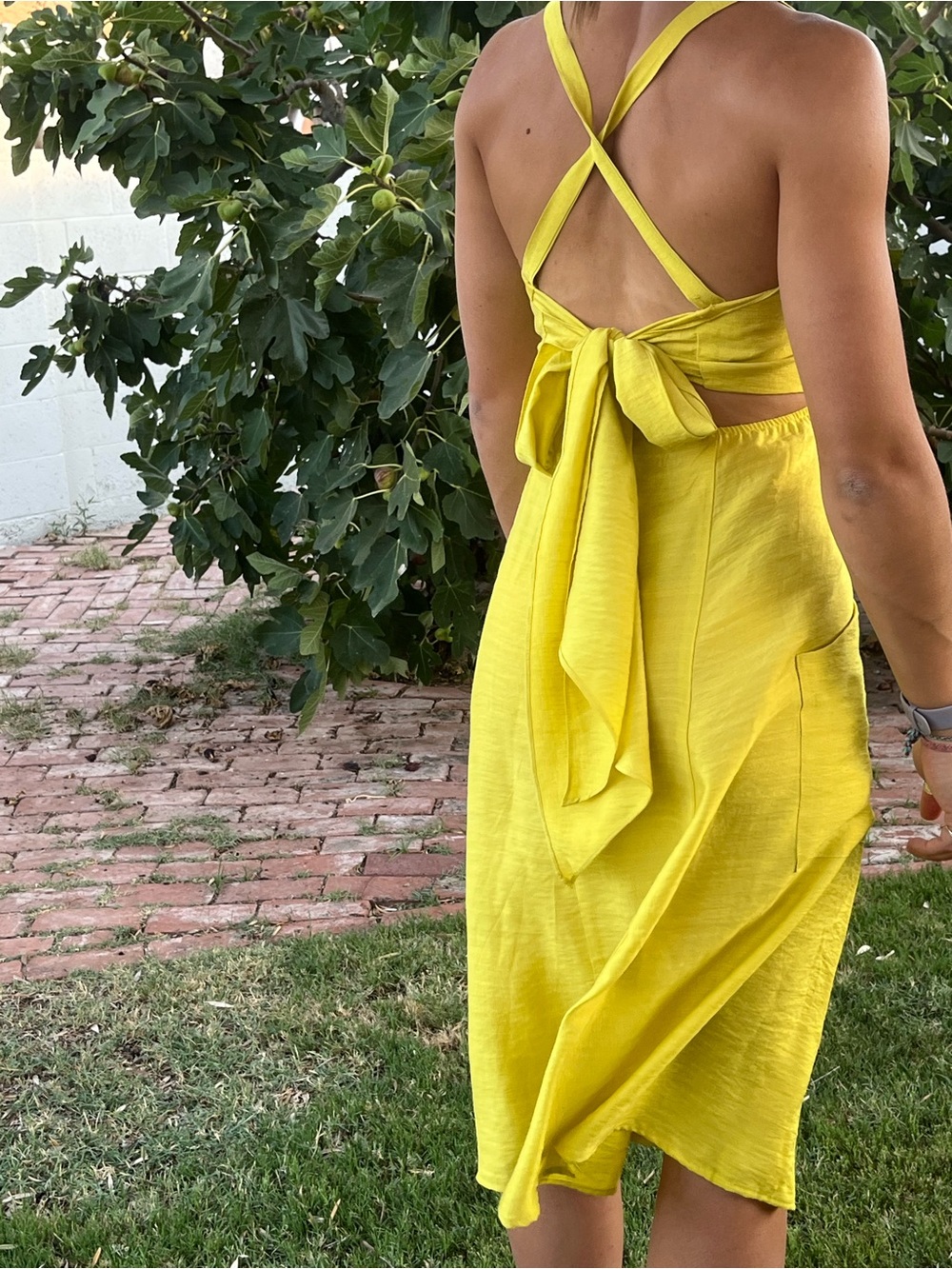 Lumiere Chartruese Yellow midi dress. Sz Small. Backless with tie. Button down - Picture 2 of 8
